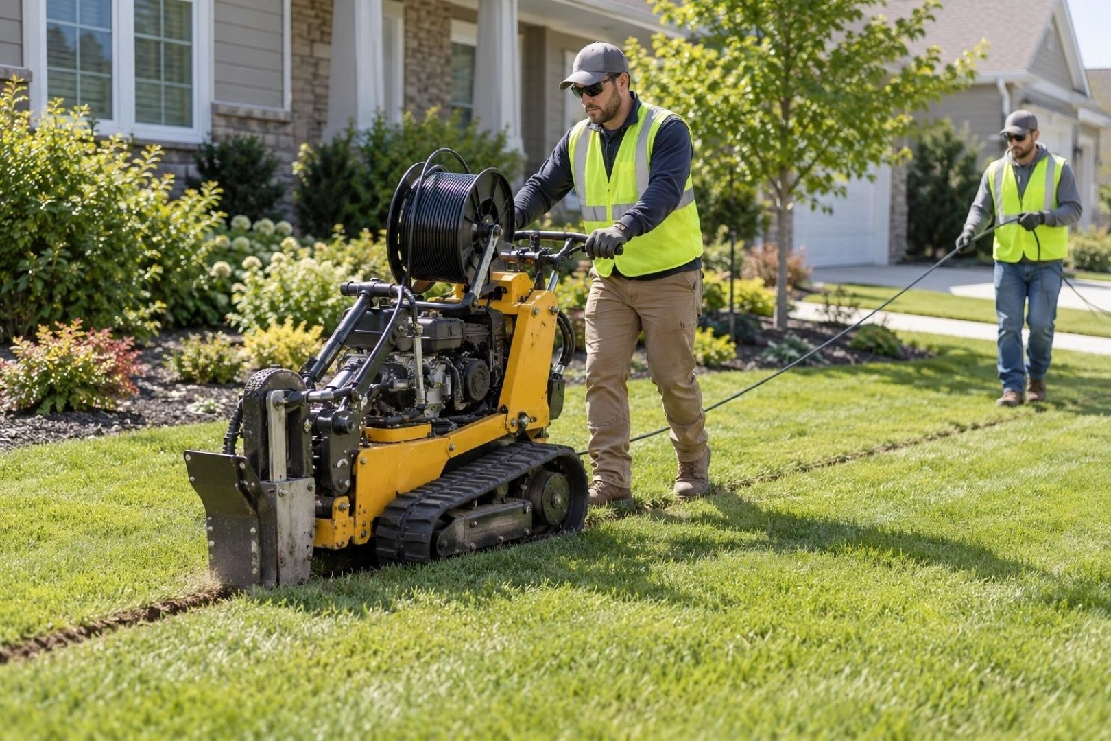Technician operating tracked vibratory cable plow for residential lawn fiber burial.