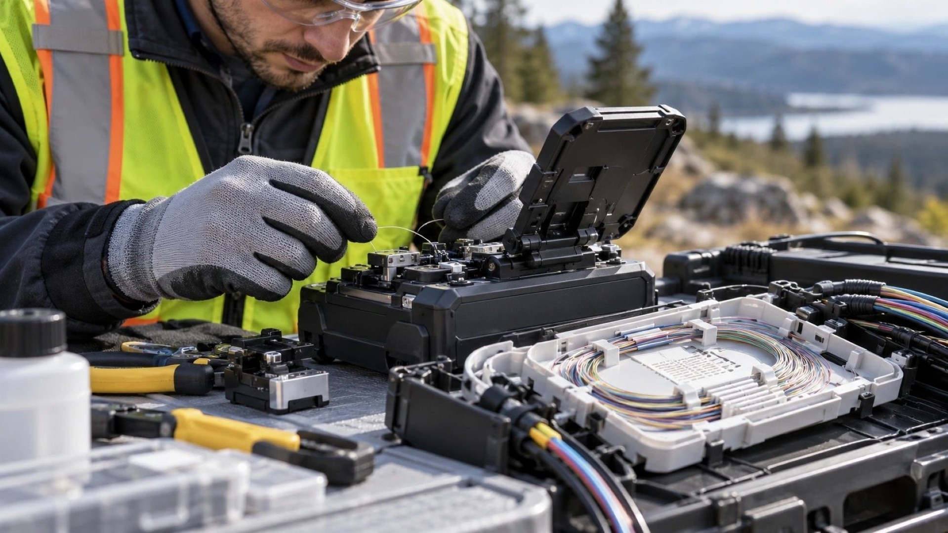 Fiber technician operating core-alignment fusion splicer with fiber splice tray.